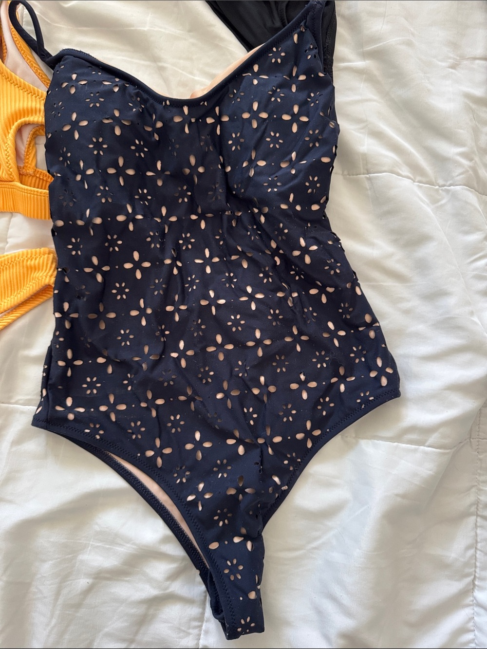 J. Crew Navy Laser-Cut Swim One-Piece with Blush Lining size 4 small
